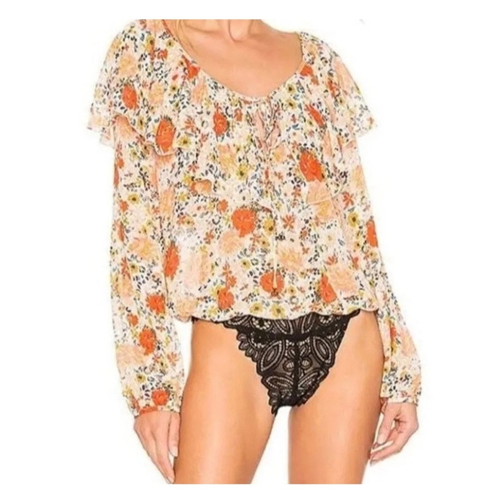 Free People Floral Ruffle bodysuit - Red and Orange